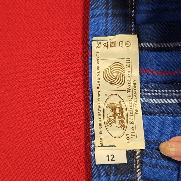 Blue plaid pleated skirt kilt pin accent adjustable sz. 12 wool custom made - Picture 4 of 12